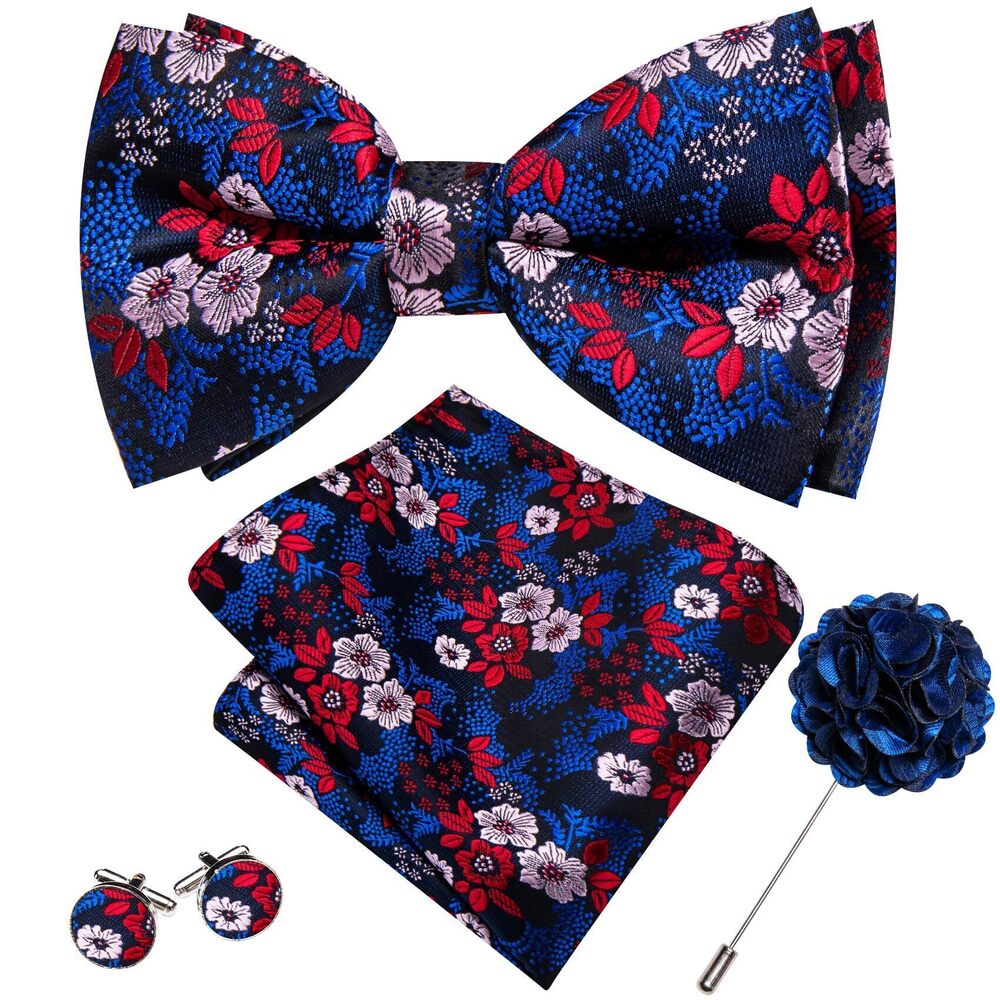 6535 Blue Red Bow Ties Floral Silk Pre-Tied Bowtie Pocket Square Cufflinks